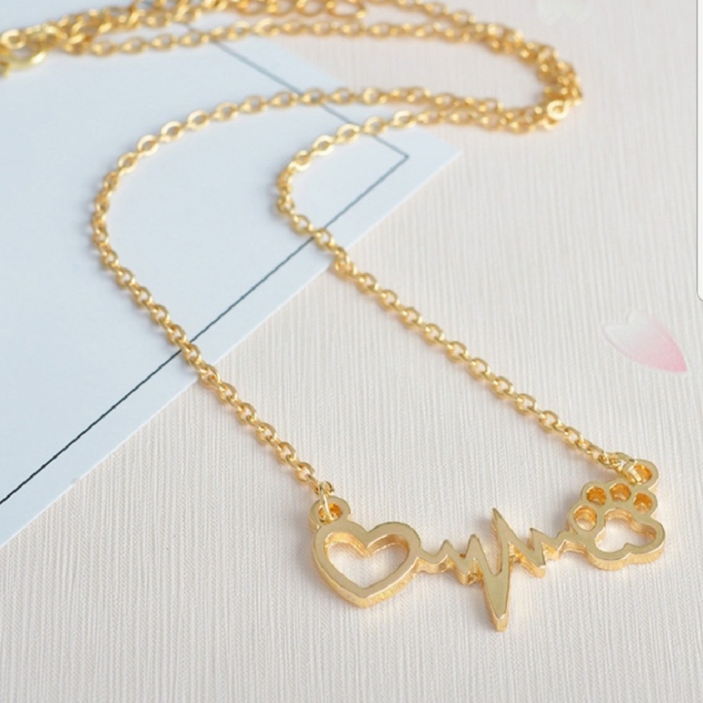 NEW Gold Paw Print Heartbeat Heart on Chain NWT